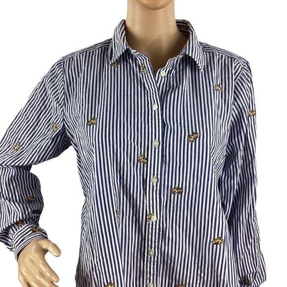LOFT Dog Stripe Everyday Shirt Blue White Button Down Cotton Medium - Picture 2 of 8